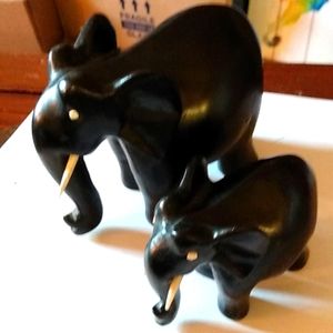 Vintage Antique Pair Of  Wood Carved Elephants With Ivory Colored Eyes And Tusks